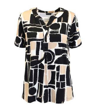 Brandtex. dames t- shirt met plooitjes en print zwart- beige