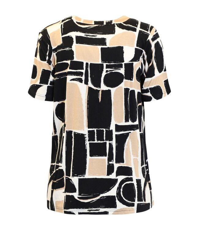 dames t- shirt met plooitjes en print zwart- beige