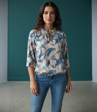 BLAUW dames blouson shirt retro print roezel kraag blauw