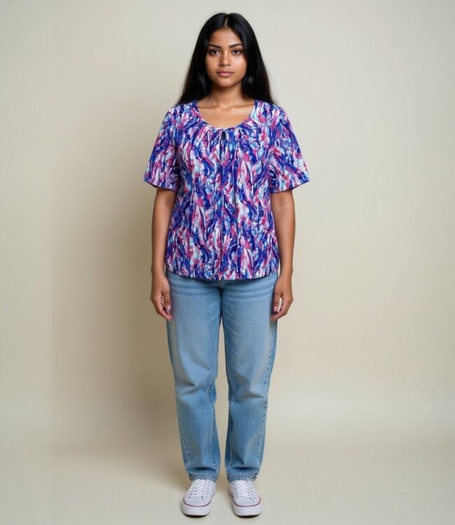 dames blouson shirt veegprint blauw- rood K/M