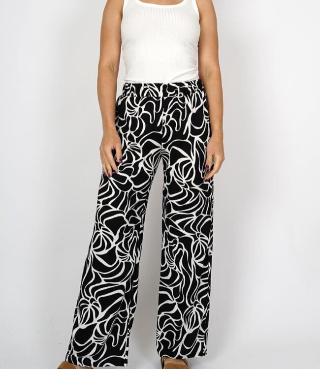 flared stretch broek dames krinkelstof zwart- offwhite M.X.O.