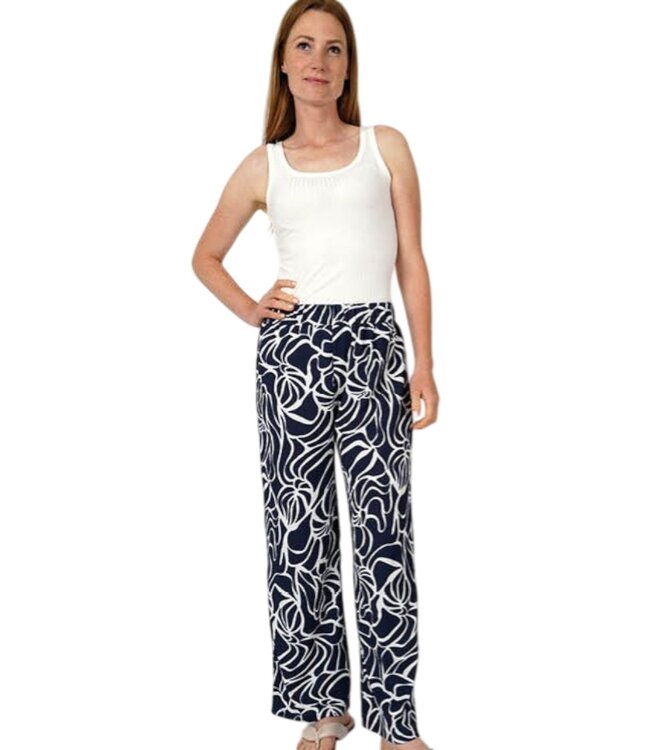 flared stretch broek dames krinkelstof marine- offwhite M.X.O.