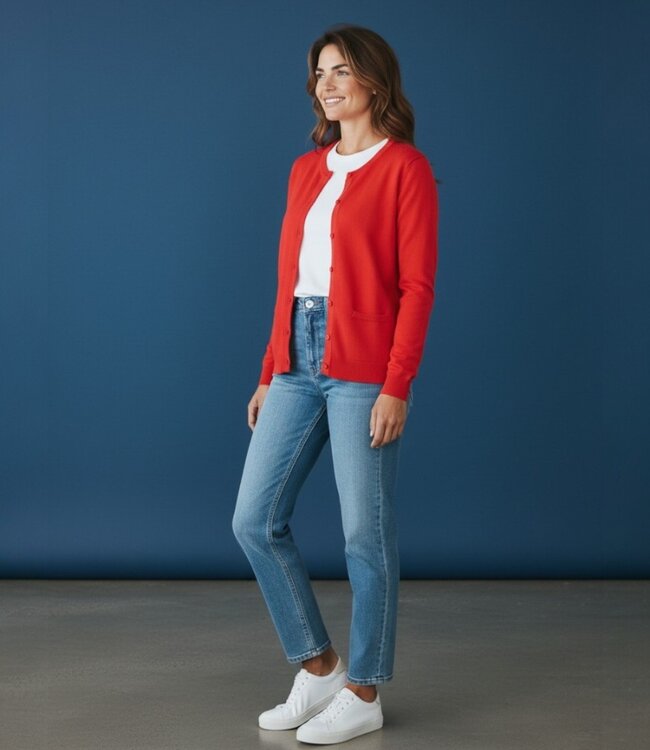 dames vest gebreid met knopen en zakjes rood Brandtex