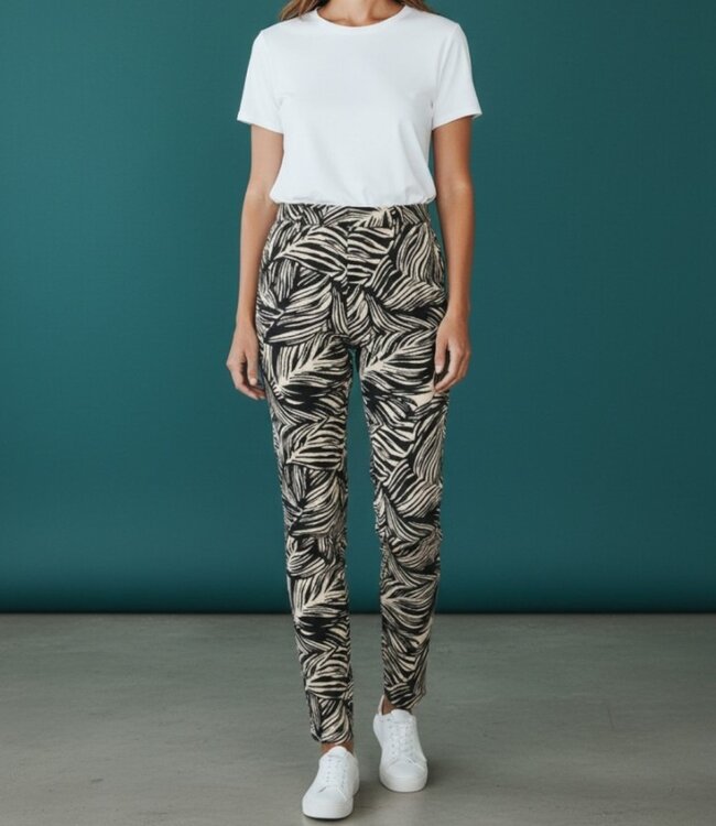 stretch broek dames krinkelstof zwart- beige M.X.O.