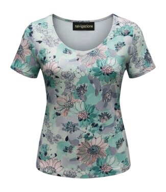 Navigazione dames t- shirt met plooitjes en print aqua- blauw Navigazione
