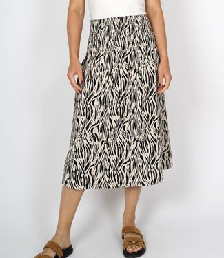 M.X.O. dames rok met elastische band en print in krinkelstof zwart- beige M.X.O.