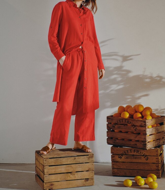 linnen dames jurk met kraag en knopen "Lava Dress" rood FreeQuent