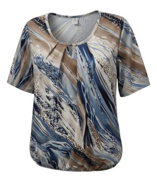 BLAUW dames blouson shirt met print beige- blauw K/M