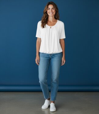 BLAUW effen dames blouson shirt elastiek wolwit K/M