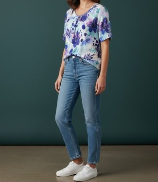BLAUW dames blouson shirt grote bloemen kobaltblauw K/M