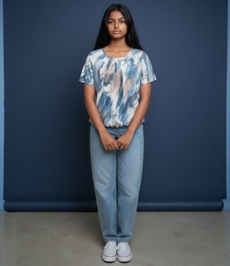 BLAUW dames blouson shirt veegprint beige- blauw K/M