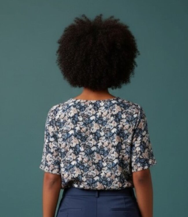 dames blouson shirt kleine bloemetjes jeansblauw K/M