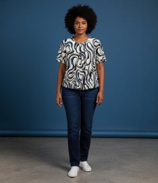 BLAUW dames blouson shirt lines blauw- taupe K/M