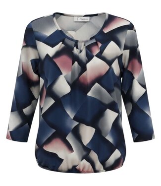 BLAUW dames blouson shirt blokken marine- roze 3/4 mouwlengte