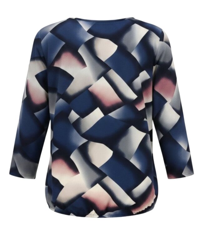 dames blouson shirt blokken marine- roze 3/4 mouwlengte