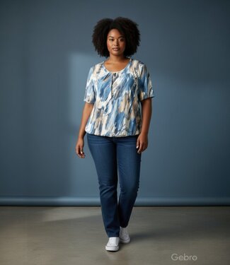 BLAUW dames blouson shirt veegprint beige- blauw K/M