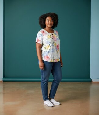 BLAUW dames blouson shirt klaproos wit K/M