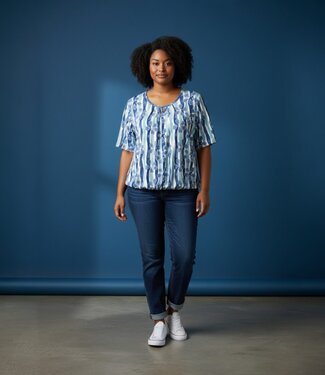 BLAUW dames blouson shirt bloem en streep blauw