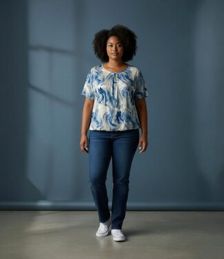 BLAUW dames blouson shirt sierlijke swirl print blauw- beige