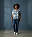 dames blouson shirt sierlijke swirl print blauw- beige