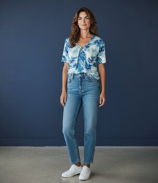 BLAUW dames blouson shirt met futuristische print aqua- blauw