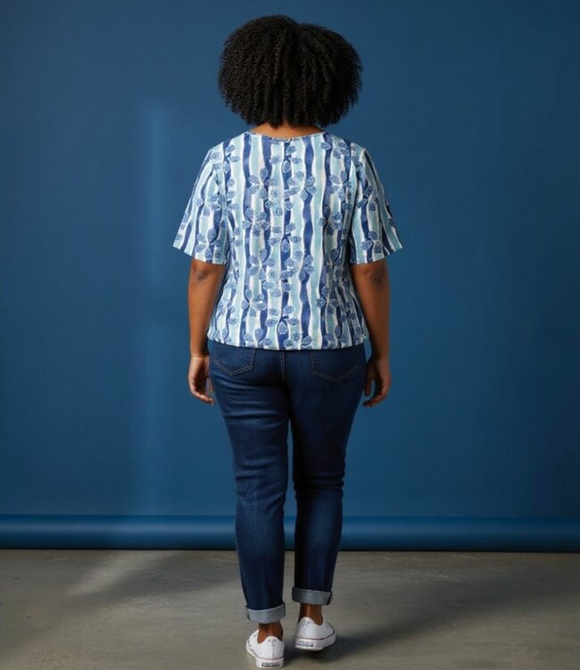 dames blouson shirt bloem en streep blauw