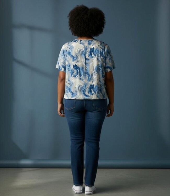 dames blouson shirt sierlijke swirl print blauw- beige