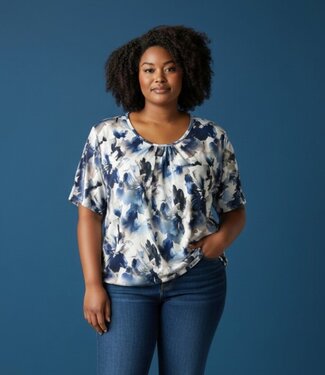 BLAUW blouson shirt aquarelbloem grijs- blauw