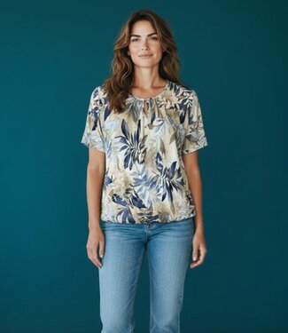 BLAUW dames blouson shirt varenprint blauw- beige