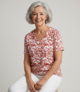 Brandtex. dames blouson shirt met v-hals en print rood Brandtex