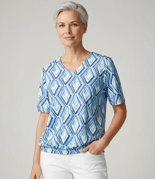 dames blouson v-hals shirt wyber- print mint- blauw Brandtex