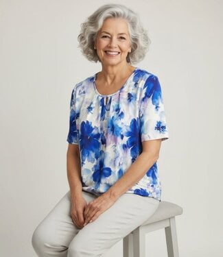 BLAUW blouson shirt grote bloemen kobaltblauw