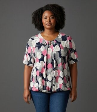 BLAUW blouson shirt bolletjes motief roze