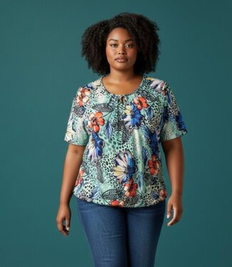 BLAUW dames blouson shirt grote bloemenprint mintgroen