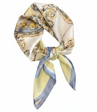 BLAUW korte vierkante dames sjaal barok blauw- geel - wit 70x70cm