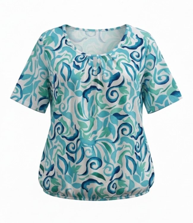 dames blouson shirt fantasy print aqua-blauw