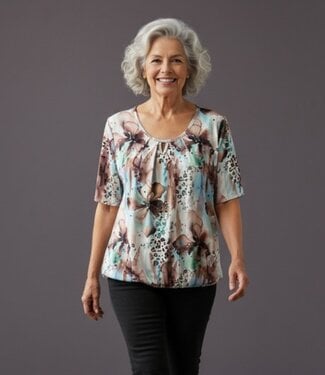 BLAUW dames blouson shirt aquarel bloem bruin- aqua