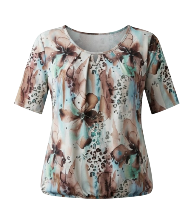 dames blouson shirt aquarel bloem bruin- aqua