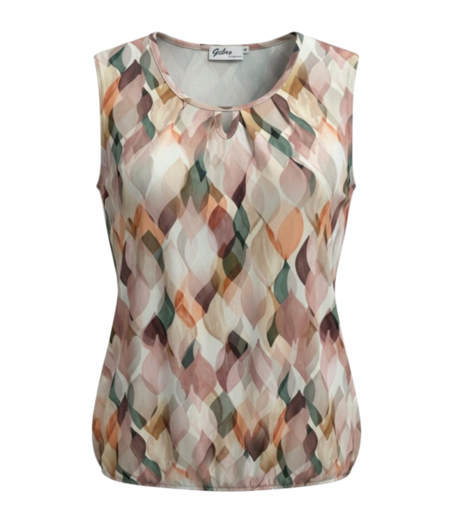 dames blouson shirt mouwloos golfprint groen- oranje