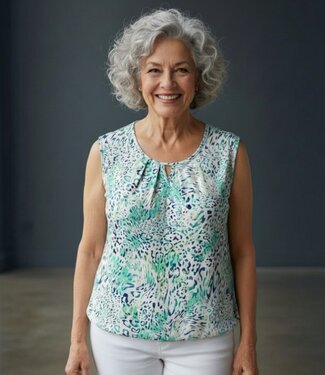 BLAUW dames blouson shirt mouwloos panterprint groen- blauw