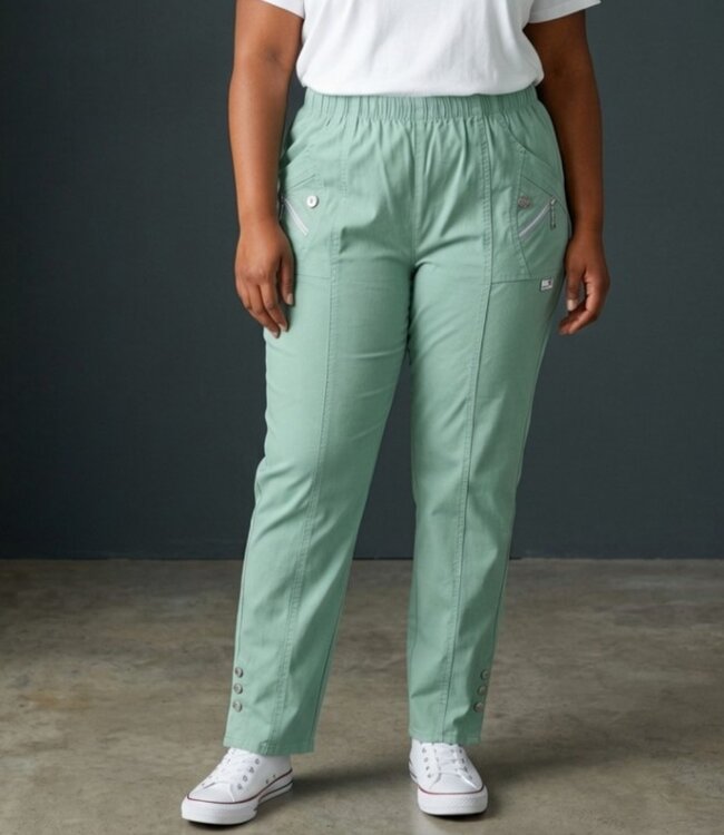 Dames lange stretch broek met knopen en elastische taille voor senioren - CherryBerry