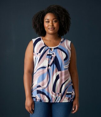 BLAUW dames blouson shirt mouwloos lijnenprint lila- blauw