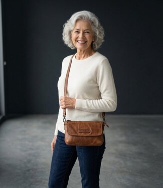 Hill Burry leren crossbody schoudertas dames 3- vakken cognac