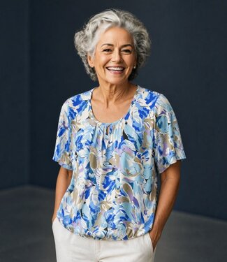 BLAUW dames blouson shirt waterbloem blauw- olijf- lila