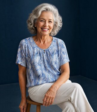 BLAUW dames blouson shirt varenprint wit- blauw