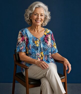 BLAUW dames blouson shirt grote bloemen kobalt