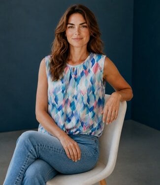 BLAUW dames blouson shirt mouwloos leaf- kobaltblauw