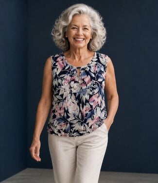 BLAUW dames blouson shirt mouwloos varens marine- roze