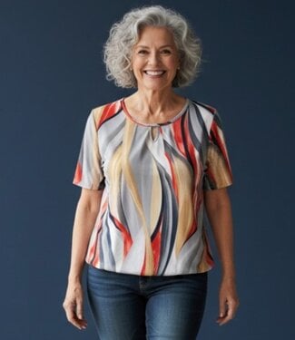 BLAUW dames blouson shirt lines grijs- rood- beige