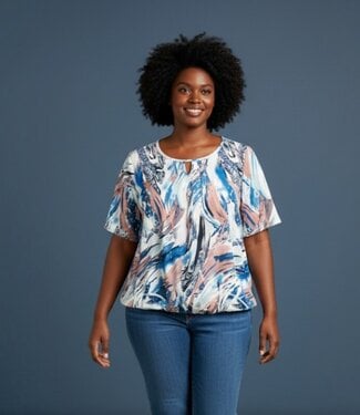 BLAUW dames blouson shirt fantasy print blauw- oudroze GEB-Z26-BL-KM-8
